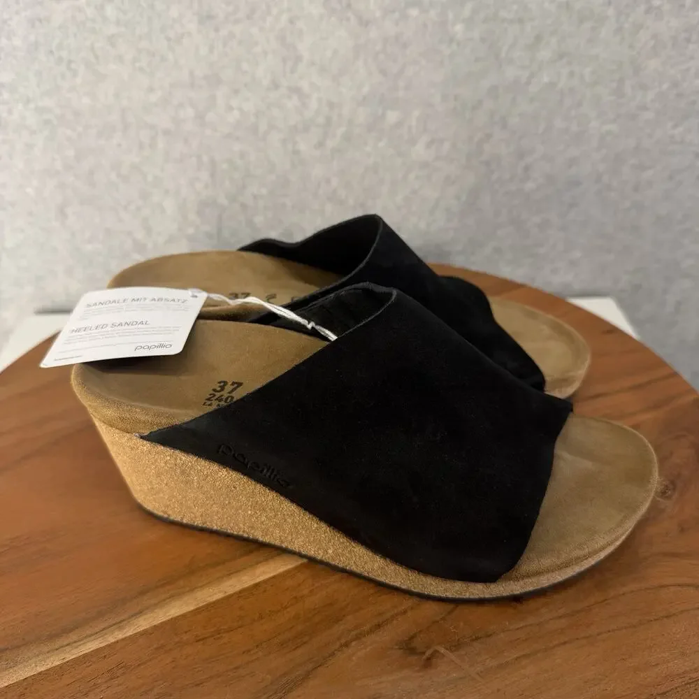 Papillio Birkenstock Wedge Sandals Womens 37 US 6 Black Suede New